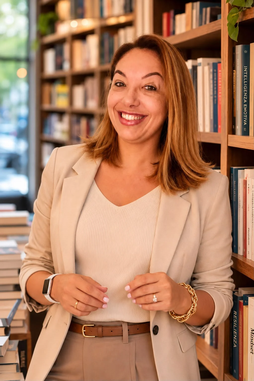 Giorgia Veloso em retrato profissional com blazer bege diante de uma biblioteca